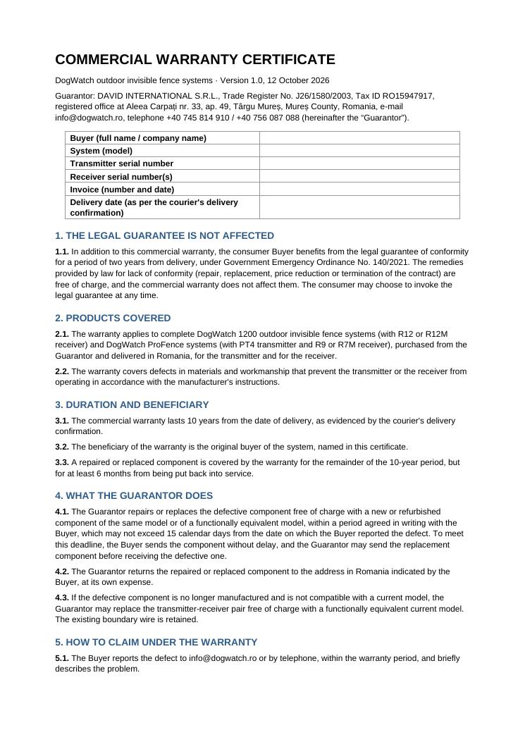 Commercial warranty certificate